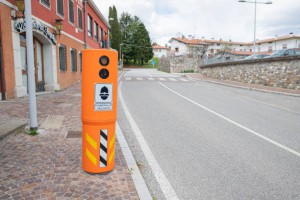 Moruzzo, Italy, 17th April 2021: Speed camera installed on the roadside to monitor the speed of conductors