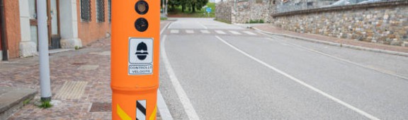 Moruzzo, Italy, 17th April 2021: Speed ​​camera installed on the roadside to monitor the speed of conductors